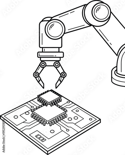 Robotic arm assembling microchip icon, industrial automation robotics technology for semiconductor manufacturing artificial intelligence engineering vector illustration