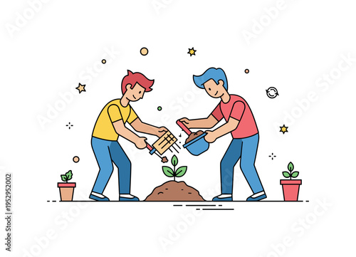 Two friends rebuilding trust over a shared activity like planting or cooking together, illustrating cooperation, forgiveness, and gradual reconnection.