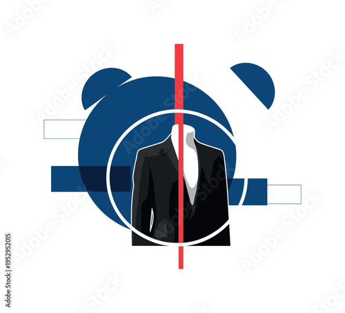 Black and white vintage tailored blazer on a faceless mannequin, oversized deep blue circular halo behind the torso, thin red vertical stripe dividing past and