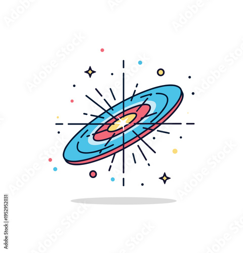 Active galactic nucleus bright radiant core emitting symmetrical light rays from the center of a compact disk shape. A focused editorial badge highlighting