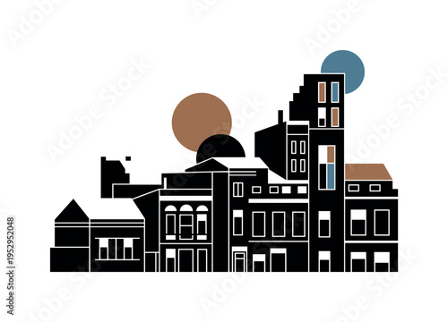 Black and white row of old buildings simplified into stacked geometric rectangles, bold semicircles representing sun or moon above rooftops, flat palette of
