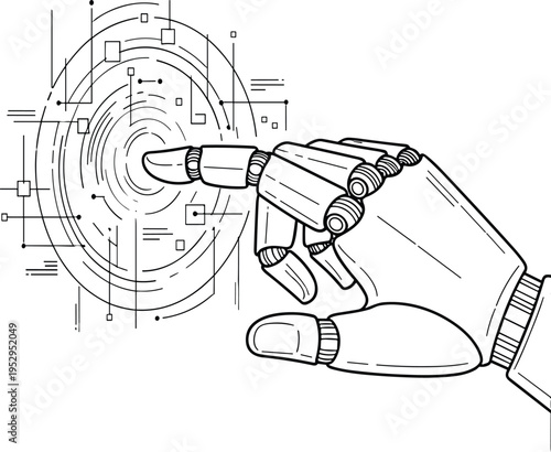 Robotic hand touching digital interface icon, artificial intelligence technology interacting with virtual data network futuristic automation vector illustration