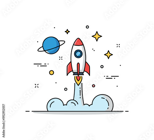 Space mission launch featuring a rocket ascending past a simple planet and star elements, capturing exploration, discovery, and scientific ambition. The scene