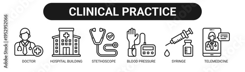 Clinical Practice web banner icon vector illustration concept with icons of doctor, hospital building, stethoscope, blood pressure, syringe, and telemedicine.