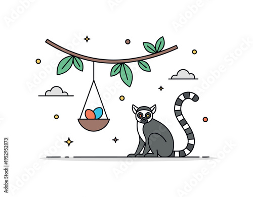 Tropical forest lemur scene depicted by a simple branch with hanging leaves and a seated lemur silhouette, expressing habitat connection and natural balance.