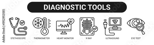 Diagnostic Tools web banner icon vector illustration concept with icons of stethoscope, thermometer, heart monitor, X ray, ultrasound, and eye test.