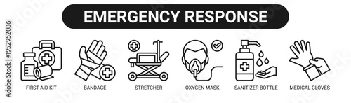 Emergency Response web banner icon vector illustration concept with icons of first aid kit, bandage, stretcher, oxygen mask, sanitizer bottle, and medical gloves.