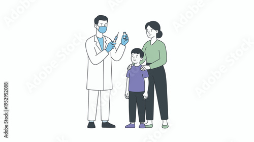 Male pediatrician wearing mask holding vaccine syringe for child patient with mother, concept for medical immunization campaign, pediatric healthcare education and family wellness promotion