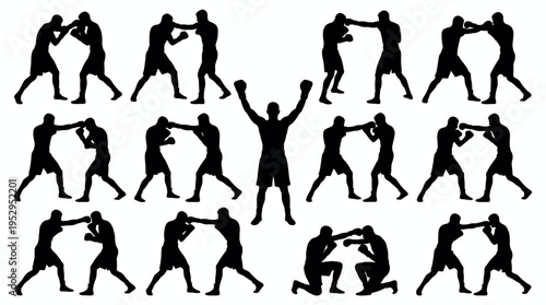 set of boxing match silhouette action poses with a champion celebrating victory, concept for professional sports competition, athletic training program and fitness motivation advertising