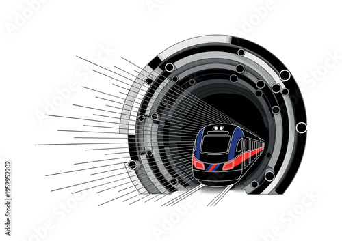 Black and white realistic train front emerging from a geometric tunnel made of layered rectangles and cylinders, thin diagonal lines emphasizing forward