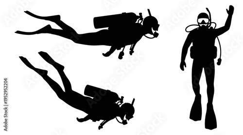 Black silhouette icons of scuba divers swimming and waving underwater with diving gear, concept for ocean exploration, tourism advertising and extreme water sports activity