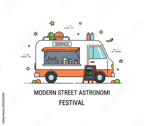 Food truck festival theme centered on a minimal van with an open service window and tiny menu board, expressing creativity and casual dining. The compact badge