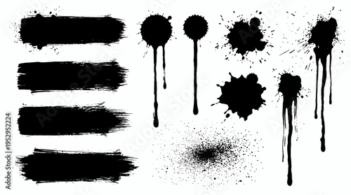 Set of black ink grunge brush strokes and paint splatters on white background, concept for graphic design assets, creative artistic projects and abstract wallpaper backgrounds