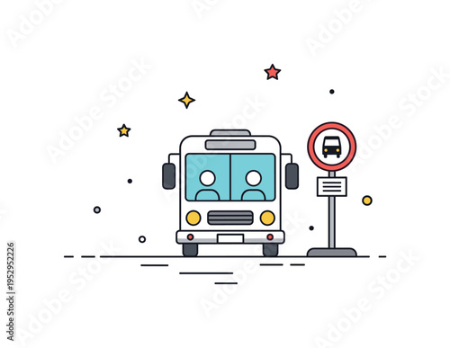 Student pickup and drop off concept centered on a simplified bus beside a small bus stop sign, expressing safety and organized routine. The compact editorial