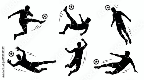 Set of black silhouettes of soccer players in dynamic action poses, concept for sports editorial design, athletic training advertisement and championship promotion