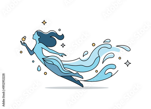 Water nymph inspired enchanted being shown through a flowing silhouette with subtle wave shapes and droplet sparkles, symbolizing magic connected to the sea.