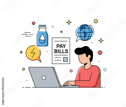 Paying bills online with a person checking a laptop screen with electricity, water, and internet icons floating nearby, reflecting convenience and