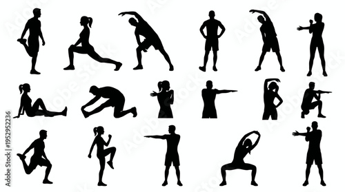 Set of black silhouettes of men and women performing various stretching and warm up exercises, concept for fitness training presentation, active lifestyle identity and health education advertising
