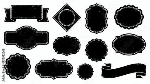 Set of black distressed vintage labels and banners with grunge texture, concept for branding identity, product packaging design and promotional marketing campaign