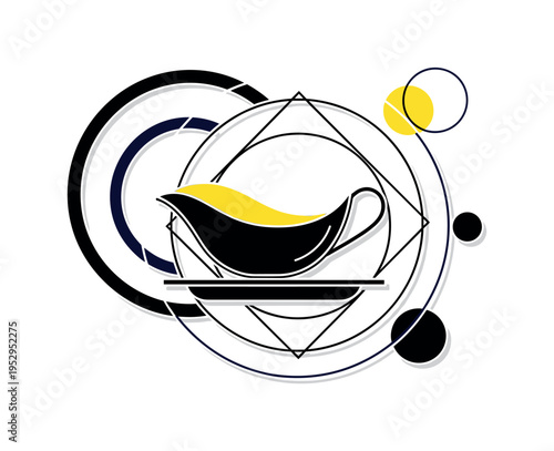 A monochrome gravy boat paired with a geometric plate outline, stylized flat liquid shape inside rendered as a bold color block, circular and linear elements