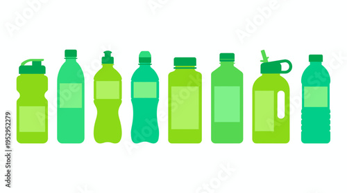 Set of green plastic water bottles with blank labels in flat style isolated on white background, concept for healthy lifestyle branding, fitness product advertising and hydration promotion