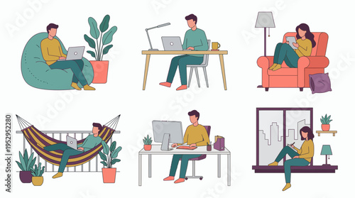 Set of male software developer and female project manager working in different casual home office environments, concept for remote workplace, freelance lifestyle and digital nomad career