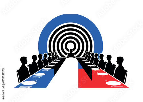 Black and white retro-style long banquet table viewed from the front with a central solitary figure and twelve simplified silhouettes seated on both sides,