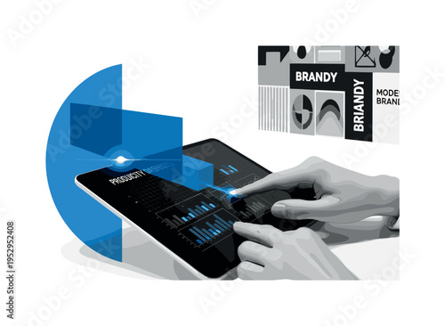 Monochrome close-up of hands interacting with a tablet displaying productivity dashboards, intersected by a large blue semicircle and abstract rectangular