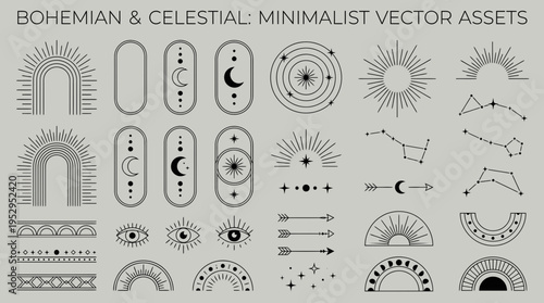 Set of minimalist bohemian and celestial vector elements with moons stars sunbursts and sacred geometry, concept for brand logo design, spiritual graphic illustration and modern mystical packaging