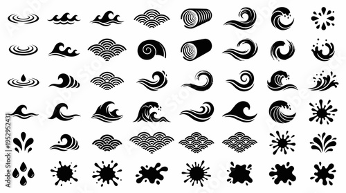 Set of black icons featuring various water wave ripples splashes and japanese style sea patterns on white background, concept for graphic design elements, branding assets and logo creation