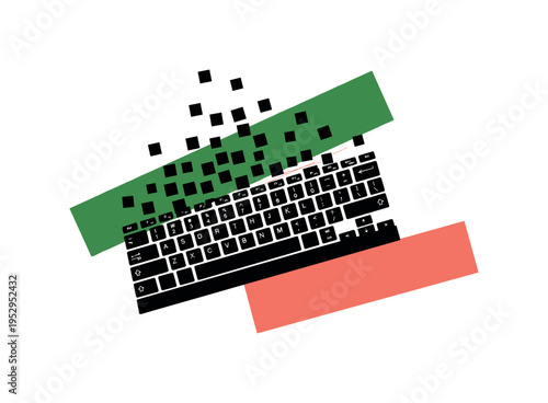 A realistic monochrome keyboard dissolving into abstract geometric fragments, keys simplified into flat square blocks drifting upward, dynamic diagonal accent