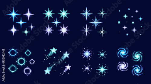 Set of pixel art magic sparkles stars and glowing celestial elements, concept for retro game design, fantasy digital illustration and creative asset development