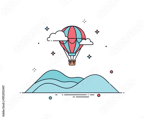 Sky adventure hot air balloon floating above soft layered hills, expressing calm bravery and elevated perspective. A colorful concept icon about seeing the