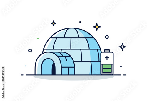 Eco conscious winter habitat represented by a clean igloo silhouette paired with a small solar battery icon. Soft shadows and minimal decorative sparkles