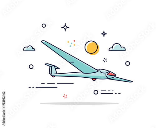 Glider soaring theme depicted by a lightweight glider silhouette against a simple sun accent, representing quiet sky travel and aerial sport. The badge-style