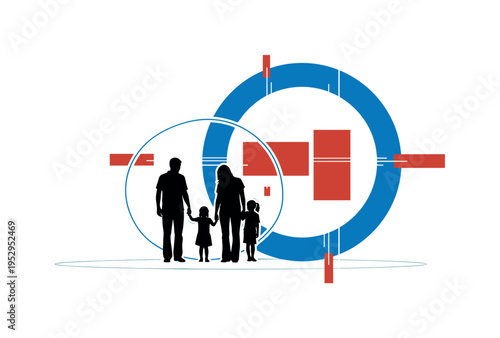 A monochrome silhouette of a family forming a circle while holding hands, large abstract halo circle encompassing them, intersecting rectangular blocks and