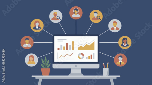 computer monitor showing financial analytics connected to marketing managers, HR recruiters and customer support agents, concept for digital communication, business networking and team collaboration
