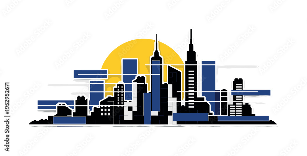 Fototapeta premium Black and white built city skyline simplified into blocky forms, vivid yellow circle behind like sunrise, deep blue rectangular fragments