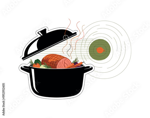 Black and white pot with lid slightly open, inside visible roast and vegetables, steam forming a large geometric circle above, thin horizontal lines
