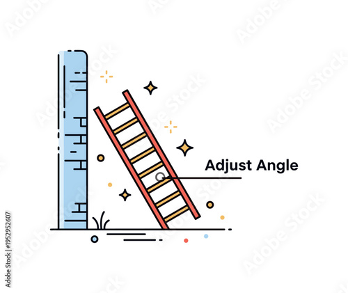Leaned ladder hazard scene featuring a ladder resting at an unsafe angle beside a wall. Subtle sparkle accents and a compact ?Adjust Angle? caption emphasize