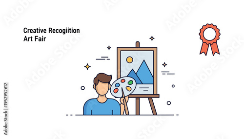 Creative recognition at art fair illustrated by a painter figure beside a mounted artwork with a subtle award ribbon icon in the corner. The balanced