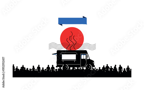 Black and white food truck silhouette with small crowd figures, large red circular sun hovering above, blue geometric rectangle representing festival banner,
