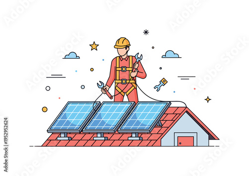 Utility worker securing solar panels on a rooftop with harness and tools, illustrating renewable energy installation, safety, and technical