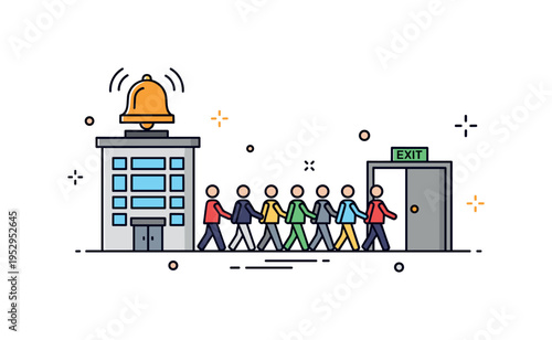 Fire drill office building icon with small alarm bell ringing and orderly line of people exiting toward a clearly marked exit door. A clean editorial concept