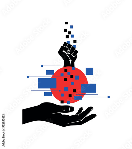 Black and white open hand releasing small pixel squares upward that form a raised fist silhouette, large red circle as central anchor, blue abstract blocks and