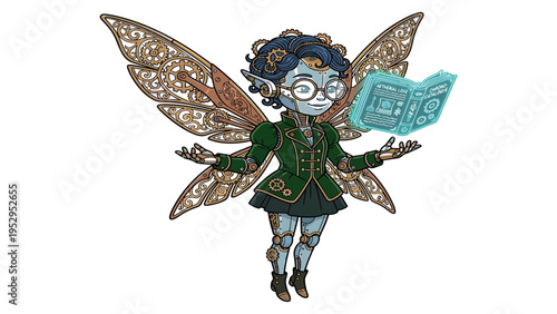 Steampunk Fairy Robot Character, Cyborg Pixie with Gear Wings and Magic Book