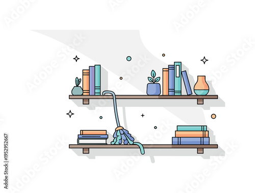 Dusting books and decorative objects on shelves with soft sunlight highlighting a tidy space, conveying attention to detail and freshness. Minimalist flat