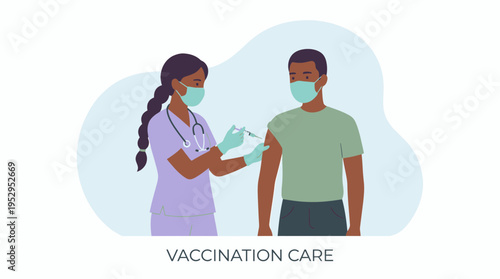 Female nurse practitioner injecting vaccine into arm of male patient wearing medical mask, concept for health protection, immunization campaign and medical treatment