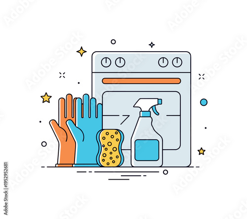 Protective gloves and cleaning supplies small set of rubber gloves, sponge, and spray bottle arranged beside a simplified oven outline, expressing preparation