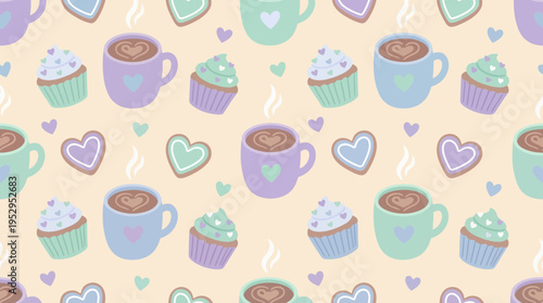 Seamless pattern with cute coffee mugs and cupcakes on pastel background, concept for cafe menu design, textile wrapping paper and digital greeting cards